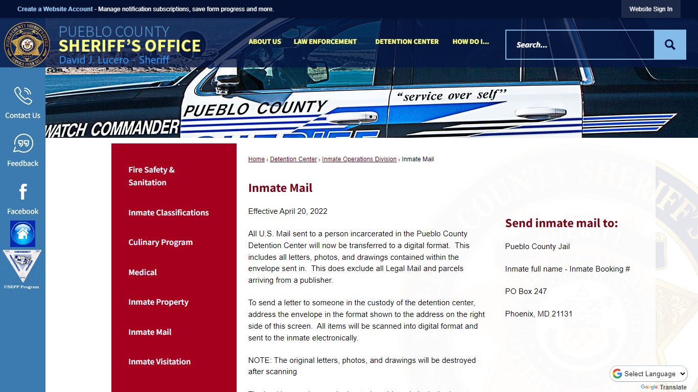 Inmate Mail | Pueblo County Sheriff, CO